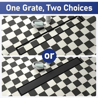 Linear Shower Drain 24", Matte Black Floor Drain with Tiled Insert Grate & Hair Strainer, 304 Stainless Steel Bathroom 2-in-1 Tiled in Drain, CUPC Certified (Matte Black, 24'')