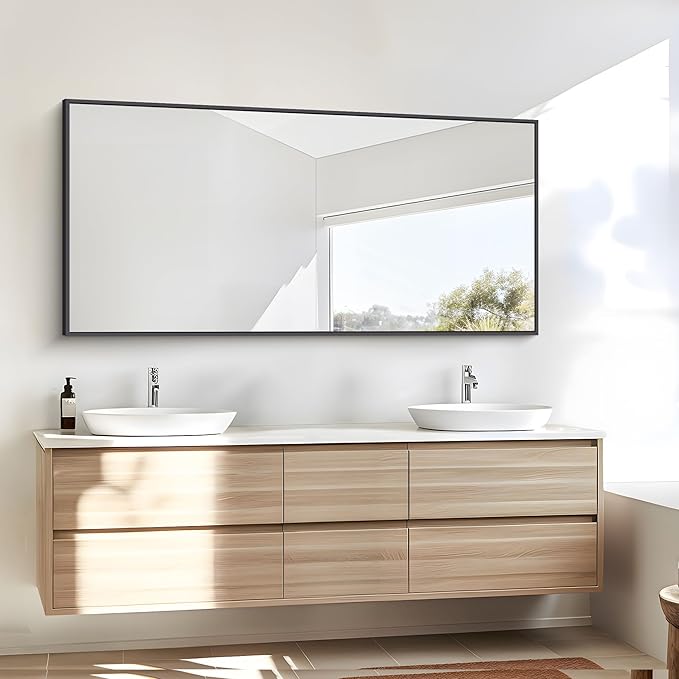 BONEWEI Bathroom Mirror,24x48 inch Wall Mirror for Bathroom Wall Mounted Black Rectangle Square Corner Mirrors, Black Bathroom Mirror for Living Room, Farmhouse, Bedroom Entryway, Horizontal/Vertical