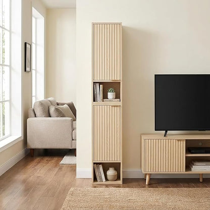 59.1" Tall Slim Bathroom Storage Cabinet Oak | Freestanding or Wall Mounted Modular Cabinet, Fluted Panel Linen Tower with Adjustable Shelves for Small Spaces