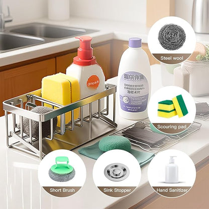 Sink Caddy Sponge Holder for Kitchen, 18/8 Stainless Steel Self Drain Tray, Soap holder with Divider(Silver)