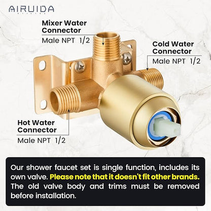 Airuida Shower Faucet Set Bathroom Rain Shower System SUS304 Stainless Steel Single Handle With Male Threads Rough-in Valve Shower Trim Kit 6 Inch Wall Mount Shower Head Brushed Gold
