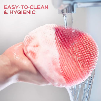 Manmihealth 4 Pack Soft Silicone Shower Brush, Super-Lathering and Deep-Cleaning Body & Face Scrubber, Gentle Exfoliating Bath Glove for All Skin Types, with Free Hooks (Black+Pink)*2