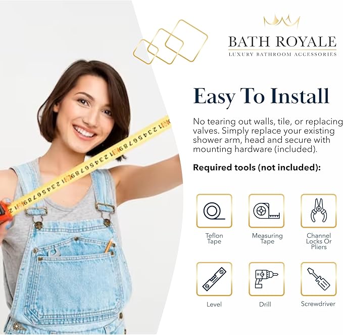 BATH ROYALE Rain Shower Head & Detachable Handheld Spray Combo, Easy Install & 3 Spray Modes, Brushed Gold