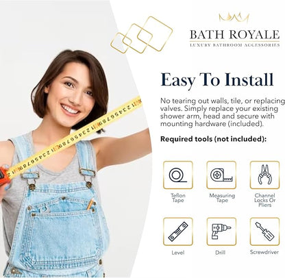 BATH ROYALE Rain Shower Head & Detachable Handheld Spray Combo, Easy Install & 3 Spray Modes, Chrome