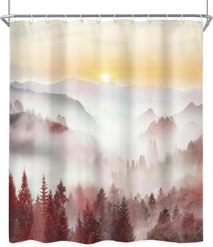 Riyidecor Misty Mountain Shower Curtain 60Wx72H Inch Red Sunrise Nature Scenery Foggy Pine Tree Scenic Woodland Modern Natural Landscape Cool Bathroom Decor Fabric Polyester Waterproof 12 Pack Hooks