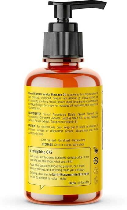 Seven Minerals Arnica Sore Muscle Massage Oil for Massage Therapy - 4 oz - Ideal for Professional or at-Home Body Massage.
