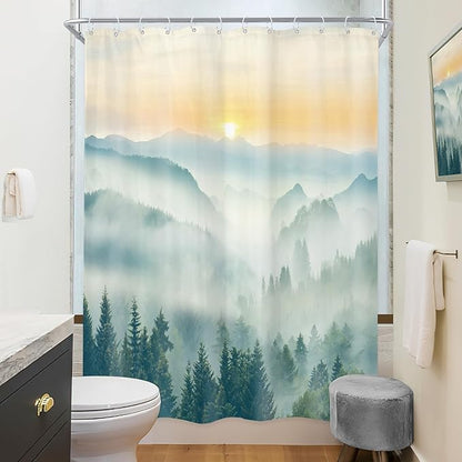 Riyidecor Small Stall Mountain Shower Curtain 48Wx72H Inch Rv Narrow Green Sunset Sunrise Scenery Landscape Woodland Greenery View Bathroom Decor Fabric Polyester Waterproof 8 Pack Hooks