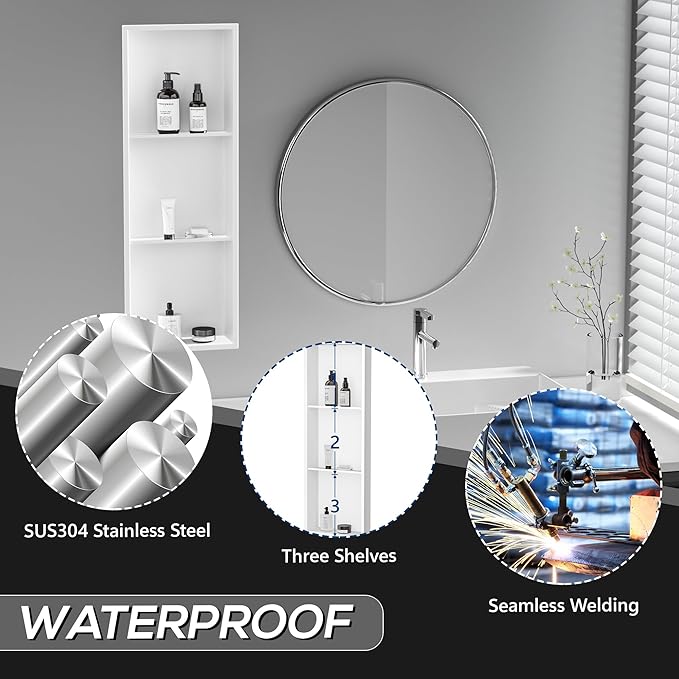 Neodrain 12X36 Inch Shower Niche, White 3-Tier Stainless Cubby NO Tile Needed Recessed Niche Shower for Bathroom Storage, Waterproof Wall Shelf