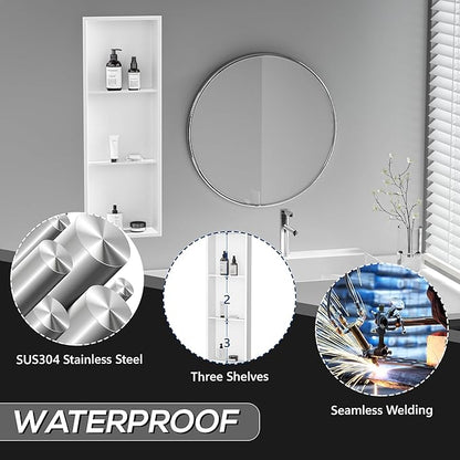 Neodrain 12X36 Inch Shower Niche, White 3-Tier Stainless Cubby NO Tile Needed Recessed Niche Shower for Bathroom Storage, Waterproof Wall Shelf