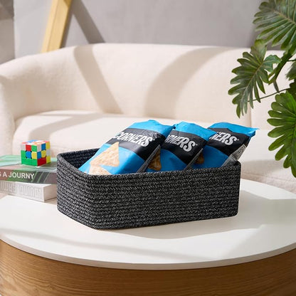 Large Shallow Organizing Baskets 15x11x5.1 Inches - Rope Woven Storage Bins for Bathroom, Shelves, Cube Closet, Mixed Black 3 Packs