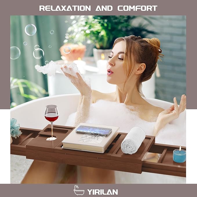 Yirilan Bamboo Bathtub Tray, Expandable Bathroom Tray,Browm
