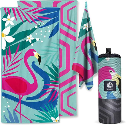 VENTURE 4TH Microfiber Beach Towel: Quick-Dry, Compact, Sand-Free, Absorbent, Sandproof and Lightweight - Perfect for Camping, Beach, and Roadtrips (Turquoise Flamingo Design | 35x78 inches)