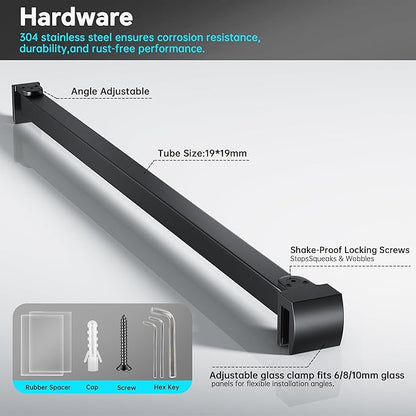 Frameless Shower Door Support Bar, Stainless Steel Wall-to-Glass Support Arm to Fixed Shower Glass Panel, for 1/4"-3/8" (6-10 mm) Door, 180° Pivot & Stow-Flat Mode (Matte Black, 23.6-inch(600mm))