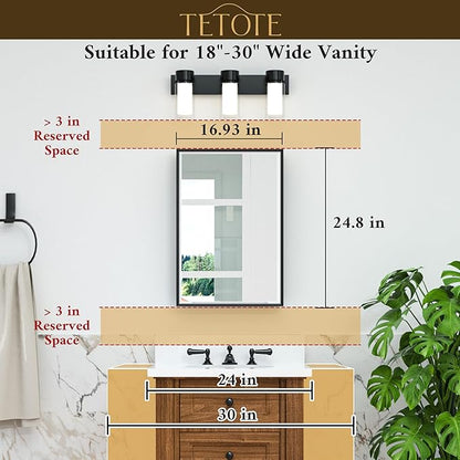 TETOTE Medicine Cabinet with Mirror 17 x 25 Inch Brushed Silver for Bathroom Aluminum Framed Surface or Recessed Wall-Mounted Medicine Cabinets Beveled Mirror with Storage 1 Door Modern Farmhouse