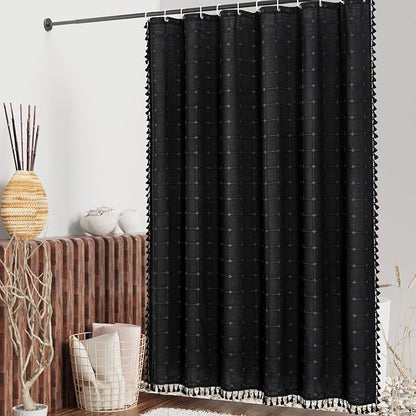 MitoVilla 72 x 84 Black Boho Extra Long Shower Curtain, Modern Farmhouse 84 inch XL Polyester Linen Texture Tassel Fabric Shower Curtain for Cottagecore Country Bathroom Decor