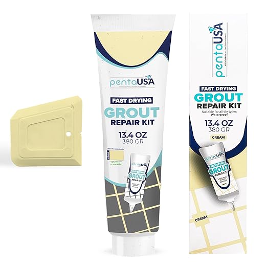 PentaUSA Tile Grout - Large Grout Filler Repairs Renews Tube, Fast Drying Grout Repair Kit, Odorless Formula - Grout Floater Included - 13.4oz / 380gr (Cream)
