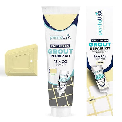 PentaUSA Tile Grout - Large Grout Filler Repairs Renews Tube, Fast Drying Grout Repair Kit, Odorless Formula - Grout Floater Included - 13.4oz / 380gr (Cream)