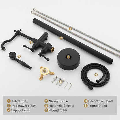 Freestanding Tub Faucet Sets, JetsBath Floor Mount BathTub Filler with 360° Swivel Spout & Handheld Sprayer, Matte Black Floor Mount Bathtub Faucet Single Handle with Supply Hose