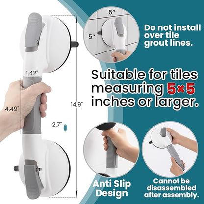 TAILI Grab Bars for Bathtubs and Showers,2 Pack Shower Handles for Elderly Suction,Maximum 330lbs,Shower Grab Bar with Upgraded Rubber Suction Cups,Safety Grip for Senior, No Drilling Removable,Grey