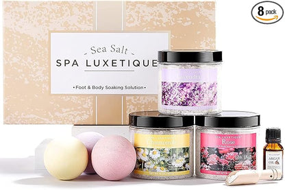 spa luxetique Bath Salts, 8pcs Bath Salts Gift Set with Argan Oil, Bath Bombs, Wooden Scoop, Epsom Salt for Soaking in Lavender, Rose, Chamomile Scent, Mother's Day Gifts, Christmas Gifts for Her