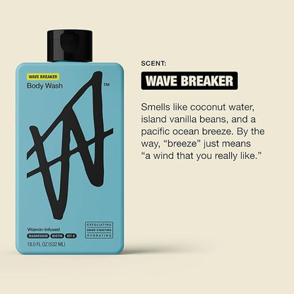W By Jake Paul Body Wash for Men, Exfoliating Shower Gel with Jojoba Oil, Deep Clean Hydrating Mens Bodywash, Wave Breaker Scent, 18 fl oz