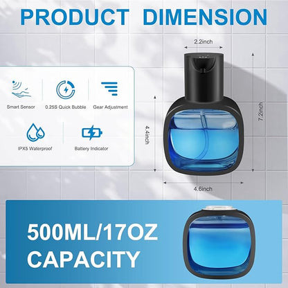 Automatic Liquid Soap Dispenser with 500ml /17oz Capacity, Touchless Soap Dispenser with 4 Level Adjustable, Rechargeable, Wall-Mounted, Waterproof for Kitchen, Bathroom, Hotel, Restaurant
