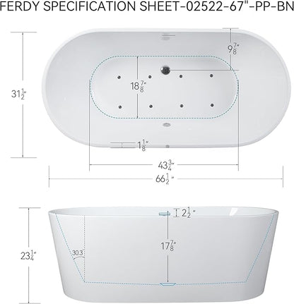 FerdY Shangri-La 67 Inch Freestanding Whirlpool Bathtub, Oval with 8 Water SPA Jets Morden White Stand Alone Jetted Tub, Luxury Acrylic Free Stand Deep Soaking Bath Tub