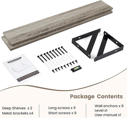 Dreamland Deep Floating Shelves for Wall, 48W x 8D Wall Mounted Shelves Set of 2, Wide Display Ledge Shelf with Sturdy Metal Brackets for Living Room, Bathroom, Bedroom and Kitchen, Grey