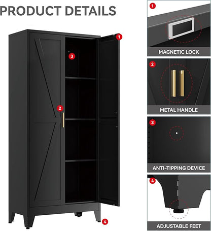 61" Tall Metal Kitchen Pantry Storage Cabinet with Double Doors & 3 Adjustable Shelves, Freestanding Cupboard for Kitchen, Dining Room, Bathroom, Black