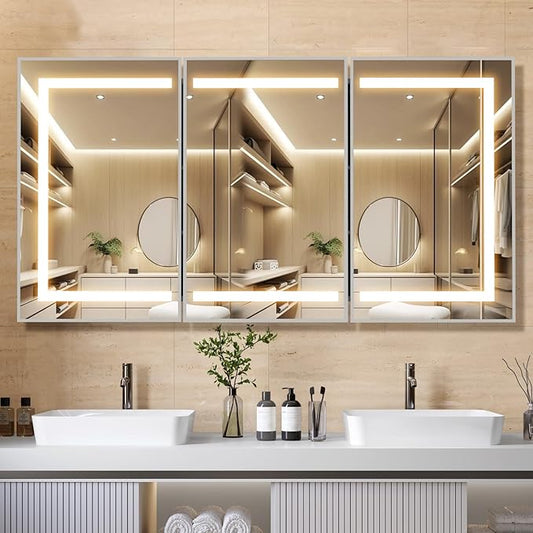 APRILSOUL 48X32 Inch Silver Bathroom Medicine Cabinet with Mirror, Recessed or Surface Lighted Medicine Cabinet with 3 Colors Temperature, Dimmable Light
