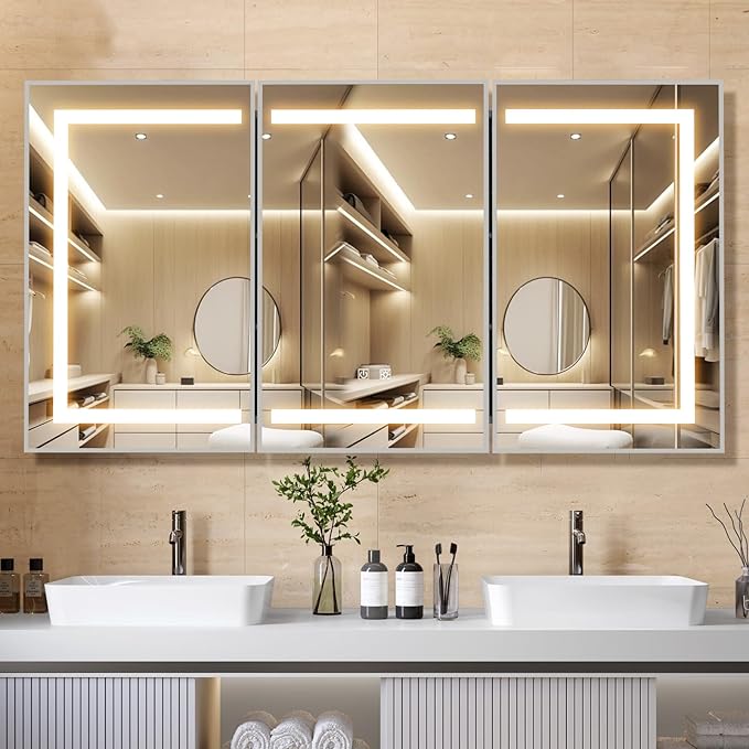 APRILSOUL 60X32 Inch Silver Bathroom Medicine Cabinet with Mirror, Recessed or Surface Lighted Medicine Cabinet with 3 Colors Temperature, Dimmable Light