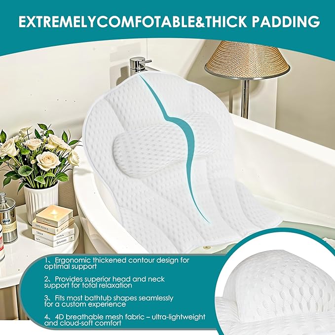 SQLHM Bath Pillows for Tub, Luxury Bath Pillow for Neck and Back Support - with Comfortable Breathable Cotton 6 Non-Slip Suction Cup Bathtub Accessories - Spa Bath Mat Gifts for Women