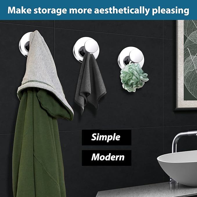 Suction Cup Hooks for Shower, Bathrooms Wall, Glass Door, Mirror, Kitchen–Towel, Robes, Coat, Hanging up to 15 lbs No-Drill Suction Hooks–Waterproof & Rustproof (Chrome, 2 PCS)