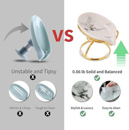 Leaf-Shaped Soap Dish – Ceramic Soap Bar Holder with Self-Drainage System – Bar Soap Holder for Shower, Bathroom Sink, Kitchen – Soap Dish with Stainless Steel Stand (White-Gold-2 Pack)