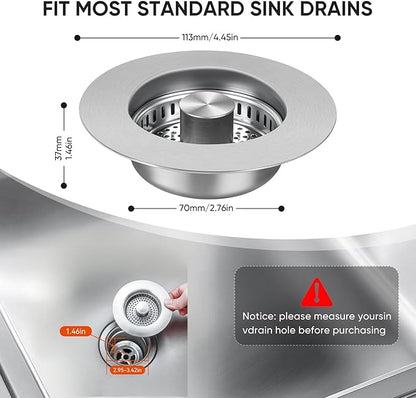 Upgraded 3 in 1 Kitchen Sink Drain Strainer & Sink Stopper,304 Stainless Steel Pop-Up Kitchen Sink Drain Strainer and Stopper Combo,Fits US Standard 3-1/2 Inch Drain, Anti-Clogging Odor Prevention