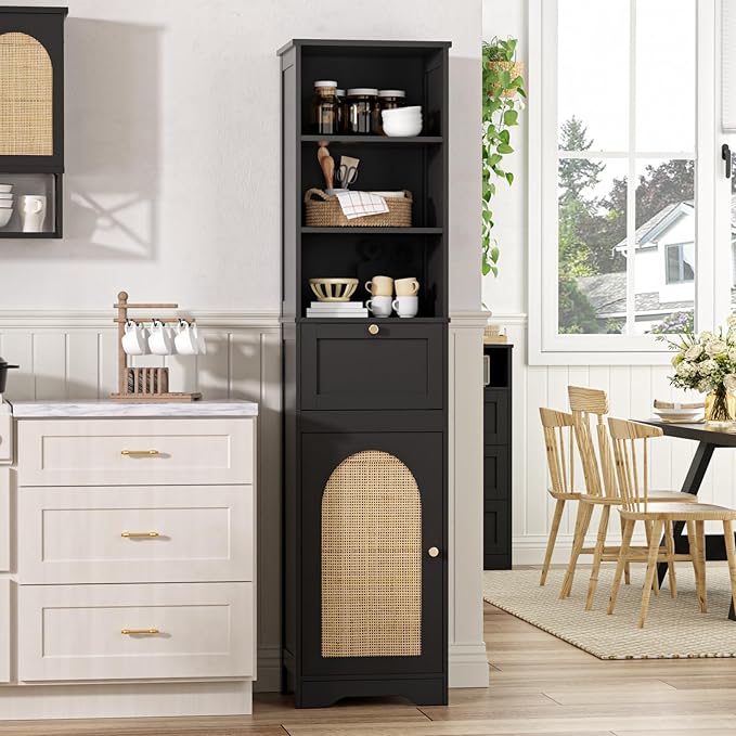 67"H Bathroom Storage Cabinet with Rattan Doors and Slide Storage, Tall Narrow Standing Tower Cabinet with Adjustable Shelves, Small Bathroom Floor Organizer for Entryway, Kitchen, Black