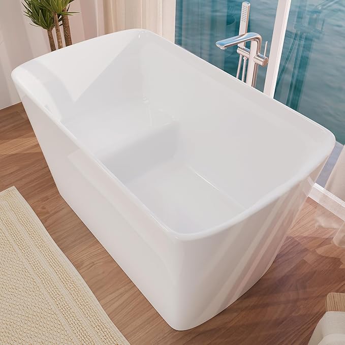 47" Lucite Acrylic Freestanding Bathtub，Square Shape Janpanese Soaking Tub with Seat Desgin,Toe-tap Chrome Right Drain, Slotted Overflow, cUPC Certified,Glossy White