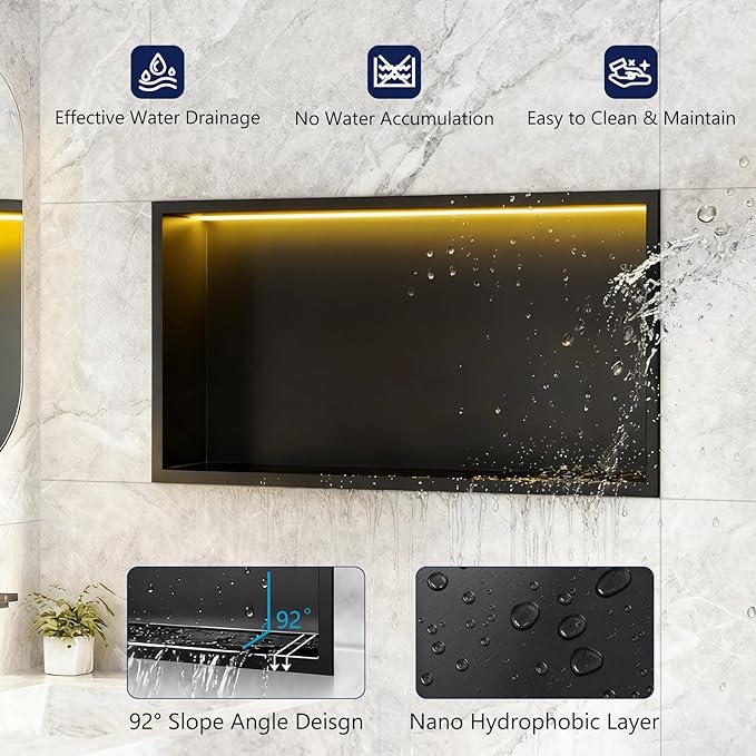24" X 12" RGB LED Shower Niche No Tile Needed, 304 Stainless Steel Shower Niche Insert Tile Ready, Recessed Wall Shelf for Bathroom Storage Organizer with Remote Control, Matte Black
