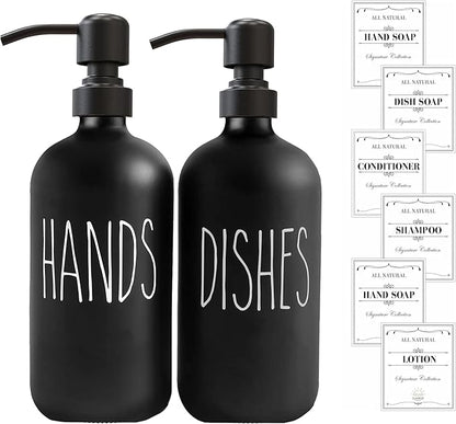 16 OZ Thick Black Glass Soap Dispenser, Matte Black Stainless Steel Pump 2 Pack, Hand and Dish Soap Dispenser Set for Bathroom with 6 Waterproof Labels