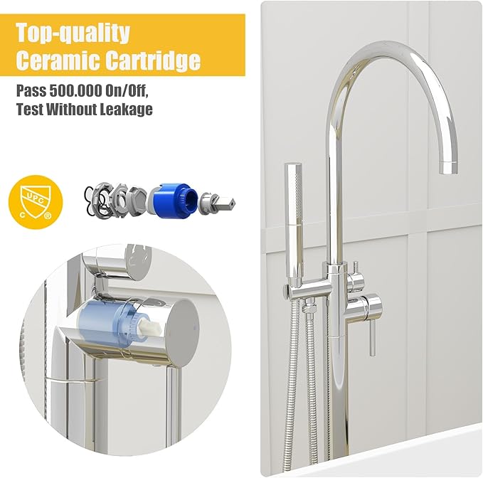BESy Freestanding Bathtub Faucet Tub Filler Free Standing Floor Mount Stand Brass Bathroom Tub Faucets with 2 Function Hand Sprayer Shower Handheld Wand Swivel Spout, Polished Chrome Finish