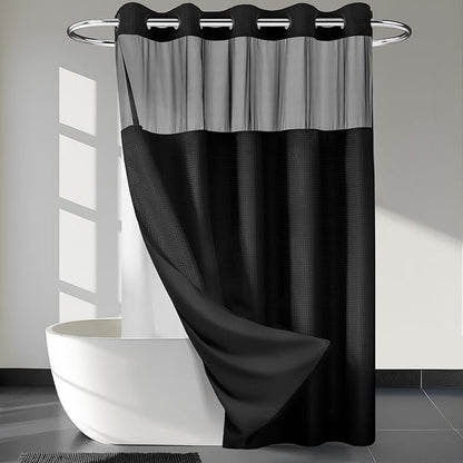 River Dream Heavyweight No Hooks Required Dotted Waffle Weave Shower Curtain with Snap in Liner - 71W x 80H,Hotel Grade,Spa Like Bath Curtain,Graphite Black
