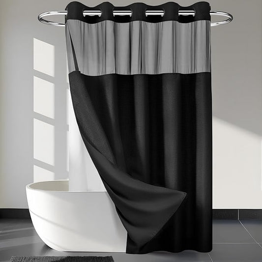 River Dream Heavyweight No Hooks Required Dotted Waffle Weave Shower Curtain with Snap in Liner - 71W x 80H,Hotel Grade,Spa Like Bath Curtain,Graphite Black