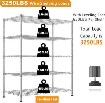 Himimi 5 Tier Wire Shelving with Wheels Heavy Duty Height Adjustable Metal Shelves for Storage, Commercial Grade Steel Utility Wire Rack for Kitchen Garage Pantry Organization-24×48×82, Silver