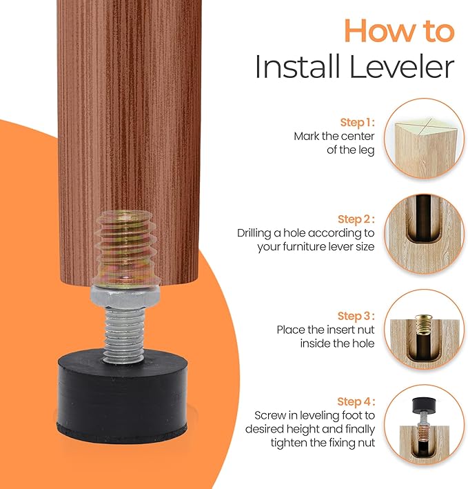 M8 Rubber Adjustable Furniture Leveler，8 Pack Leveling Feet Screws in Threaded, Feet Levelers Screw On Furniture Glide Leveling for Table, Chair, Furniture Legs