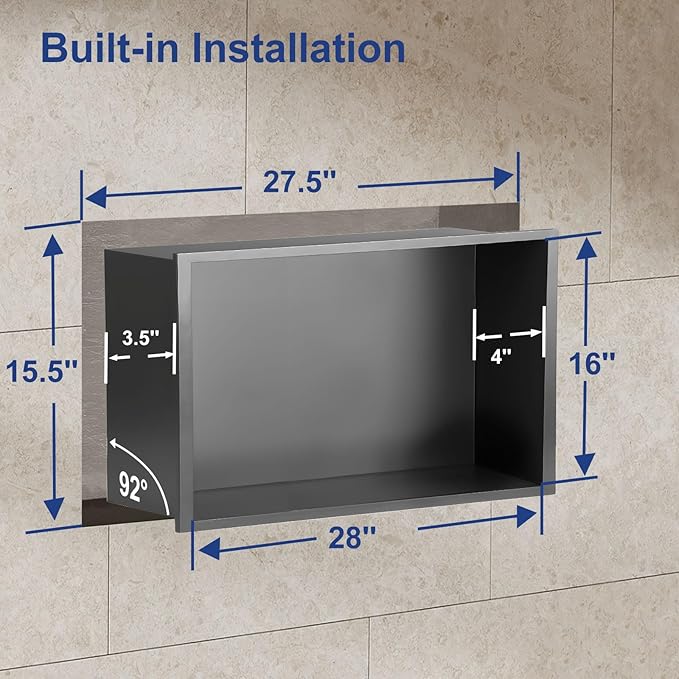 Shower Niche,16 * 28 Stainless Steel Elegant Bathroom Niche, No Tile Needed Recessed Shower Shelf Organizer for Storage,Grey