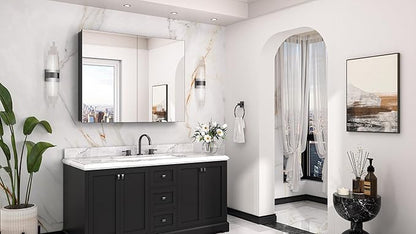 Keonjinn 40 x 32 Inch Large Medicine Cabinet for Bathroom, Black Lightweight Combined Double Doors Mirrored Cabinet, Assembly Needed, Recessed or Wall Mount, Flexiable Ample Storage, Soft Closing
