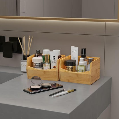2 Set Open Front Small Stackable Storage Bins, Bamboo Stacking Storage Bins Snack Tea Bags Fruits Spices Countertop Storage, Rustic Organizer Bins for Pantry, Kitchen, Office, Bedroom (Small Natural)