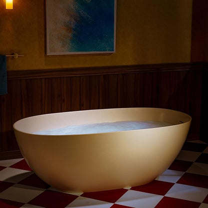 WOODBRIDGE 69" L x 32" W Stone Resin Luxury Contemporary Solid Surface Freestanding Soaking Bathtub in Cream with 2-Drain Covers Included