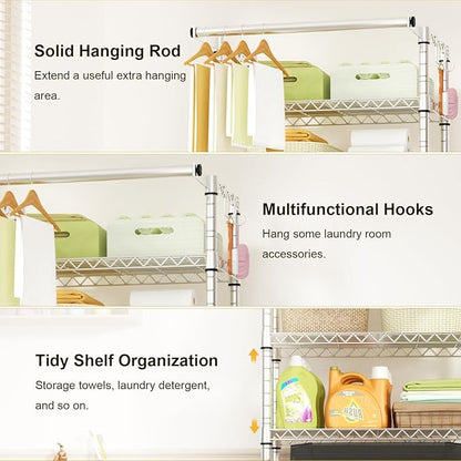 Ulif U11 Medium Over Washer and Dryer Shelves, 3 Tiers Laundry Room Storage and Organizer Standing Shelf, Metal Freestanding Clothes Drying Rack, 31.1" W x 19.7" D x 77.6" H, Chrome