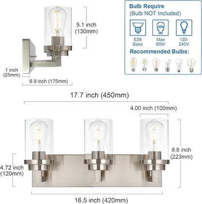 MELUCEE 3-Light Vanity Lights Brushed Nickel with Clear Glass Shade, Modern Bathroom Light Fixtures Industrial Wall Light for Bedroom Kitchen Living Room